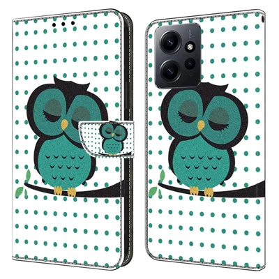 For Xiaomi Redmi Note 12 4G Case Shockproof Phone Case Leather Flip Wallet Cover - Sleeping Owl