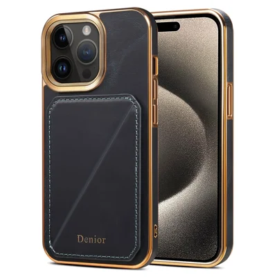 DENIOR For iPhone 15 Pro Max Case Card Holder Waxy Genuine Cow Leather+TPU+PC Cover - Blue