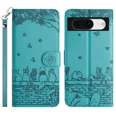 For Google Pixel 8 Cover Leather Stand Wallet Wall Cats Imprinted Phone Case with Strap - Blue