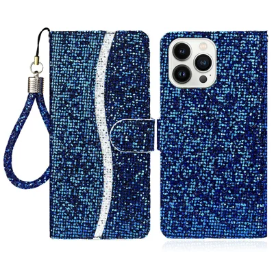For iPhone 15 Pro Max Mobile Phone Stand Case Glitter Splicing PU Leather Wallet Cover with Strap - Blue