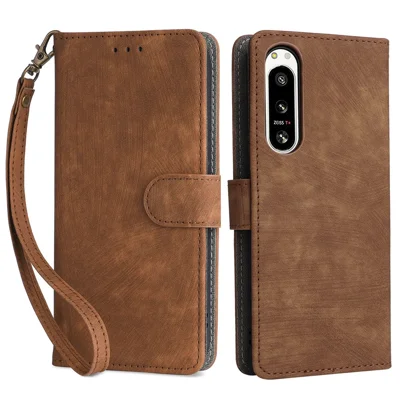 Para Sony Xperia 5 IV 5G Funda Piel PU Soporte Cubierta Teléfono RFID Bloqueo Billetera con Correa - Marrón