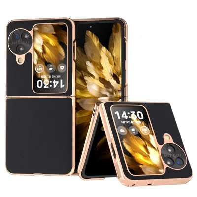 For Oppo Find N3 Flip 5G Case Genuine Cow Leather Coated PC Phone Case - Black