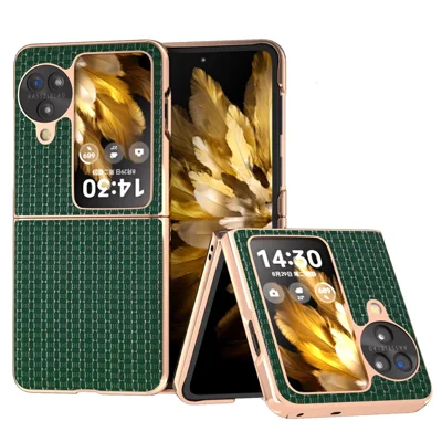 For Oppo Find N3 Flip 5G Case Genuine Cow Leather Coated PC Folding Phone Cover - Green