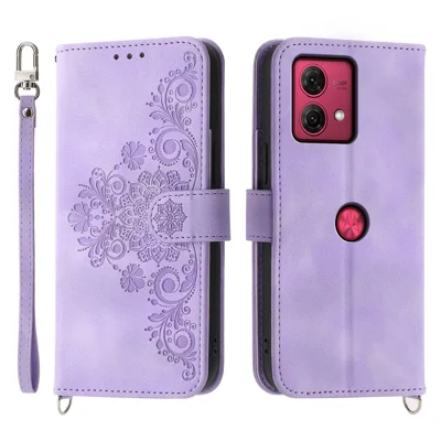 For Motorola Moto G84 5G Leather Case Wallet Phone Cover with Hand Strap + Shoulder Strap - Light Purple
