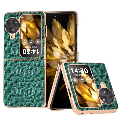 For Oppo Find N3 Flip 5G Case Genuine Cow Leather+PC Canopy Texture Anti-drop Phone Cover - Green