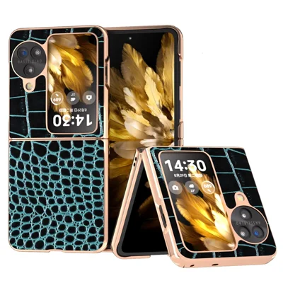 For Oppo Find N3 Flip 5G Case Crocodile Texture Genuine Cow Leather + PC Phone Cover - Midnight Green