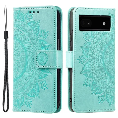 Für Google Pixel 8a Hülle Mandala Blume Eingeprägt Leder Cover mit Riemen - Grün