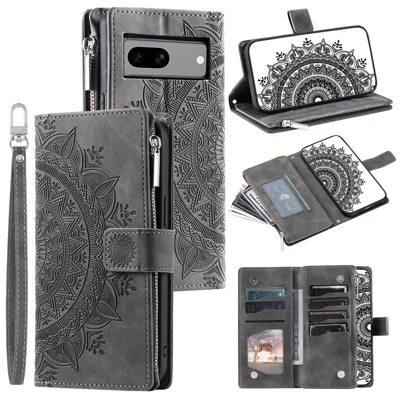 For Google Pixel 8a Case Wallet Imprinted PU Leather Phone Cover with Strap - Grey