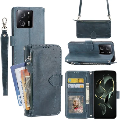 For Xiaomi Redmi K60 Ultra / 13T / 13T Pro Case Shockproof Leather Wallet Phone Cover with Long and Short Straps - Blue