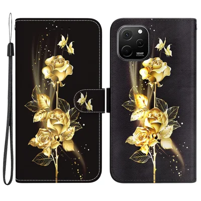 Für Huawei nova Y61 4G Hülle Wallet Function Pattern Printing Phone Cover - Gold Butterfly Rose