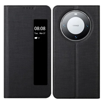 VILI DMX Series Phone Shell for Huawei Mate 60 Case PU Leather Stand Phone Cover with View Window - Black