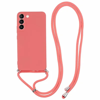 For Samsung Galaxy S21 4G / 5G Case Rubberized Fiber Lining Cover with Long Lanyard - Hawthorn Red