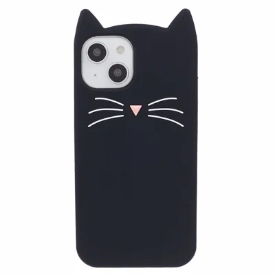 For iPhone 15 Case 3D Moustache Cat Soft Silicone Shockproof Phone Back Cover - Black