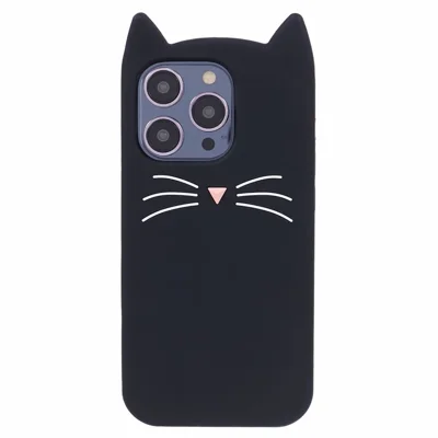 For iPhone 15 Pro Case Anti-drop 3D Moustache Cat Phone Protection Cover - Black