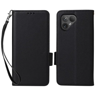 Foer Fairphone 5 hoesje Litchi textuur PU leer telefoonhoesje met bandje - Zwart
