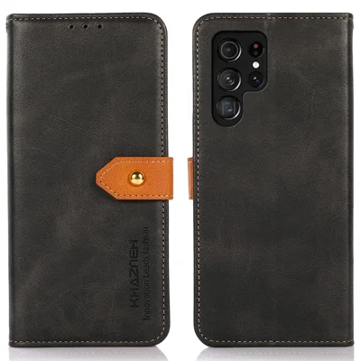 KHAZNEH For Samsung Galaxy S24 Ultra Case Stand Wallet Cowhide Texture PU Leather Smartphone Cover - Black
