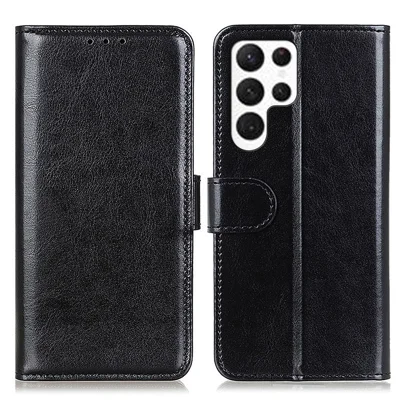 For Samsung Galaxy S24 Ultra Case PU Leather Wallet Crazy Horse Texture Cell Phone Cover - Black