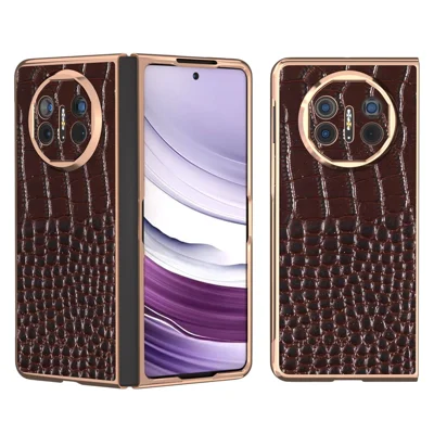 For Huawei Mate X5 5G Case Crocodile Pattern Genuine Cow Leather Coated Phone Cover - Coffee