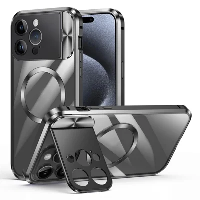 Voor iPhone 15 Pro hoesje compatibel met MagSafe Gehard glas+aluminiumlegering+PC Antivalt-beschermhoes - Zwart