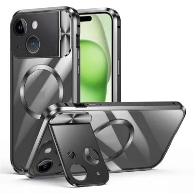 For iPhone 15 Case Tempered Glass+Aluminum Alloy+PC Kickstand Phone Cover Compatible with MagSafe - Black