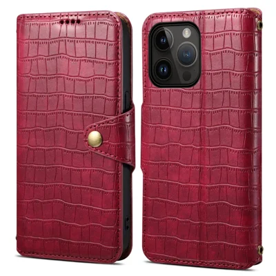 For iPhone 14 Pro Max Case Crocodile Texture Phone Cover with Wallet Stand - Red