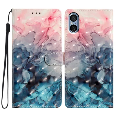 For Sony Xperia 5 V Leather Case Wallet Phone Cover with 3D Pattern Printing - Pink Blue Marble
