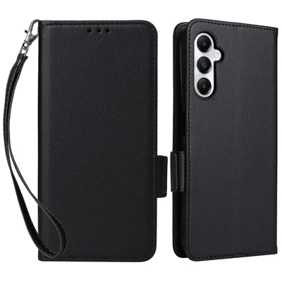 For Samsung Galaxy A05s 4G / M14 4G Case Litchi Texture Wallet Leather Phone Cover with Strap - Black