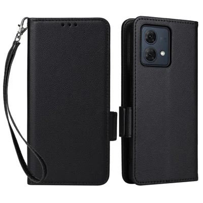 For Motorola Moto G84 5G Case Litchi Texture Wallet Leather Phone Cover with Strap - Black