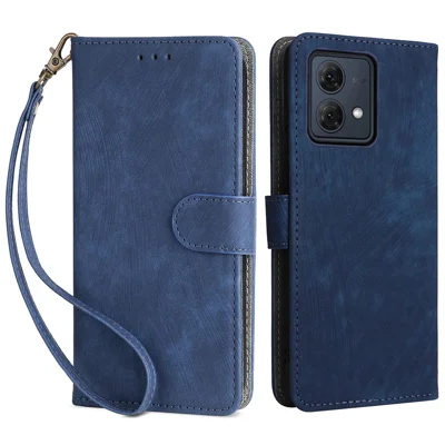 For Motorola Moto G84 5G Case RFID Blocking Wallet Anti-drop Phone Cover with Strap - Blue