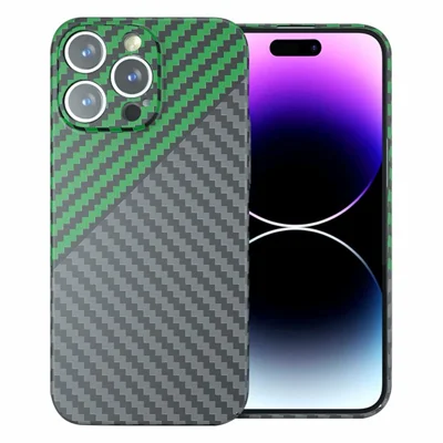 For iPhone 14 Pro Max Case Carbon Fiber Texture Hard PC Anti-drop Phone Cover - Black+Green