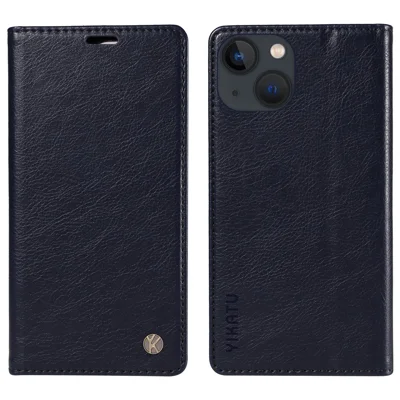 YIKATU YK-006 iPhone 15 Hülle Leder Brieftasche Magnetisch Litschitextur Handyhülle mit Ständer - Navy Blau
