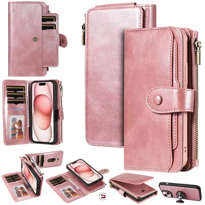 Für iPhone 15 Magnetische Hülle Abnehmbare PU-Leder-Mappe Mit Reißverschluss – Roségold