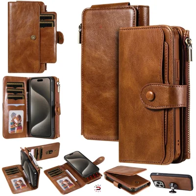 For iPhone 15 Pro Max Magnetic Case Detachable PU Leather Zipper Wallet Cover - Brown