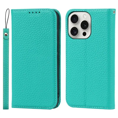 For iPhone 15 Pro Max Case Litchi Texture Genuine Cow Leather Phone Wallet Cover - Green