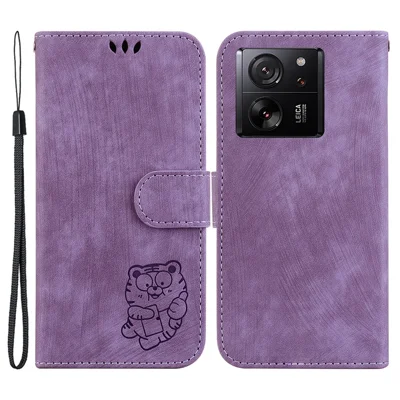 For Xiaomi Redmi K60 Ultra / 13T / 13T Pro Case Lovely Tiger Imprint Mobile Phone Leather Cover - Purple