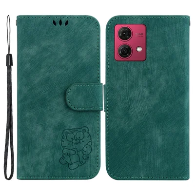 For Motorola Moto G84 5G Leather Case Cute Tiger Imprint Stand Wallet Phone Cover - Green