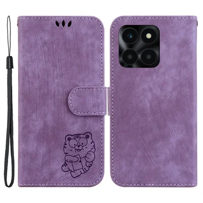 For Honor X6a 4G Case Lovely Tiger Imprint Leather Wallet Phone Cover - Purple