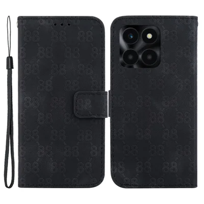 For Honor X6a 4G Case PU Leather Double 8-Shape Imprint Phone Wallet Cover - Black