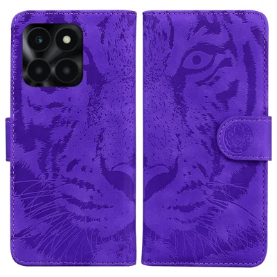 For Honor X6a 4G Case Wallet Phone Cover with Imprinted Tiger Pattern - Purple