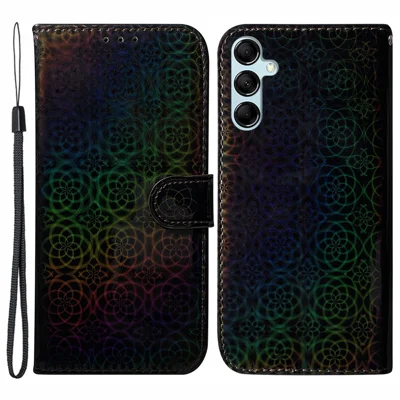 Voor Samsung Galaxy A15 4G Hoesje PU Leren Schitterend Bloemenpatroon Telefoonhoes - Zwart