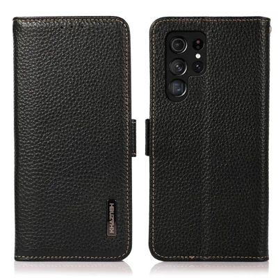 KHAZNEH Für Samsung Galaxy S24 Ultra Handyhülle Echtes Rindsleder Brieftasche Ständer Hülle - Schwarz