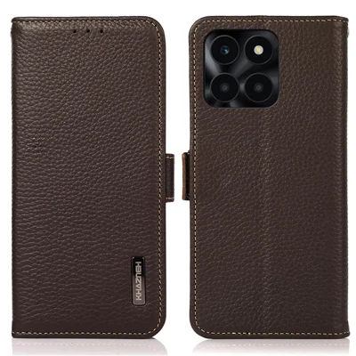 KHAZNEH For Honor X6a 4G Case Genuine Cow Leather Wallet Phone Shell RFID Blocking Cover - Brown
