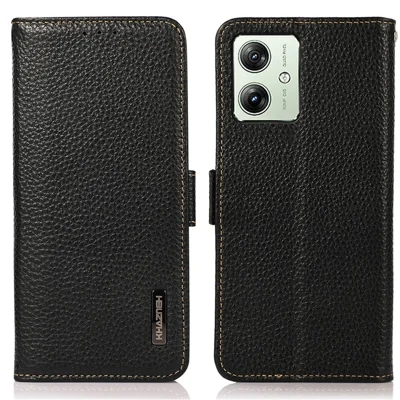 KHAZNEH For Motorola Moto G54 5G Case Genuine Cow Leather RFID Blocking Wallet Phone Cover - Black