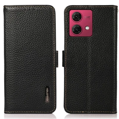 KHAZNEH For Motorola Moto G84 5G Case Genuine Cow Leather Wallet Anti-Scratch Phone Cover - Black