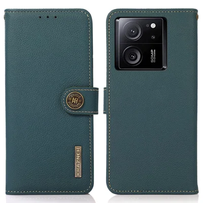 KHAZNEH For Xiaomi Redmi K60 Ultra / 13T / 13T Pro Case RFID Blocking Genuine Cow Leather Phone Cover - Green