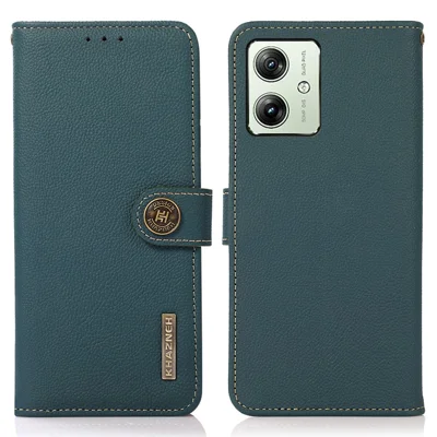 KHAZNEH For Motorola Moto G54 5G Case RFID Blocking Genuine Cow Leather Wallet Phone Cover - Green