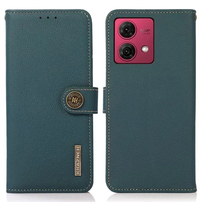 KHAZNEH For Motorola Moto G84 5G Case RFID Blocking Folio Genuine Cow Leather Phone Cover - Green