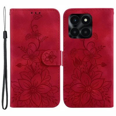 For Honor X6a 4G Leather Case Lily Flower Pattern Phone Cover with Stand Wallet - Red