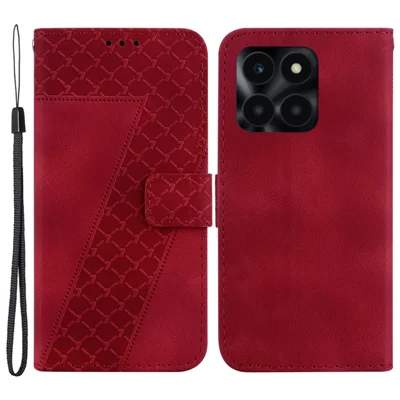 For Honor X6a 4G Cover PU Leather 7-Shape Imprinted Anti-drop Phone Case with Wallet - Red