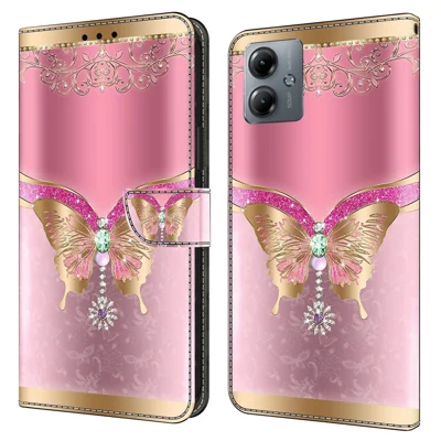 For Motorola Moto G14 4G Case PU Leather 3D Pattern Printing Stand Phone Cover - Pink / Gold Butterfly